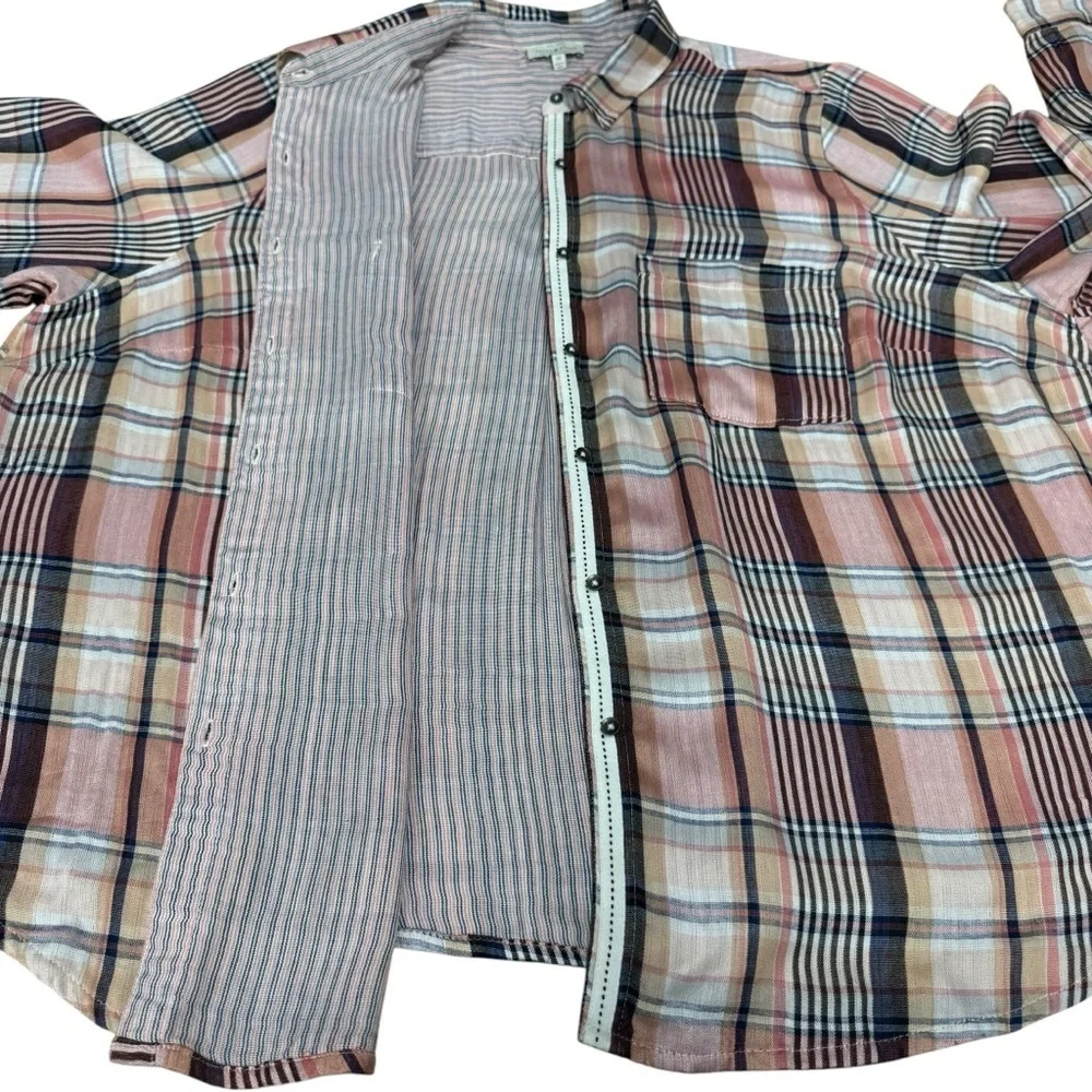 Lucky Brand Cloud Plaid Button Up Shirt Boyfriend Women's 3X Pink Double Fabric - Picture 7 of 13